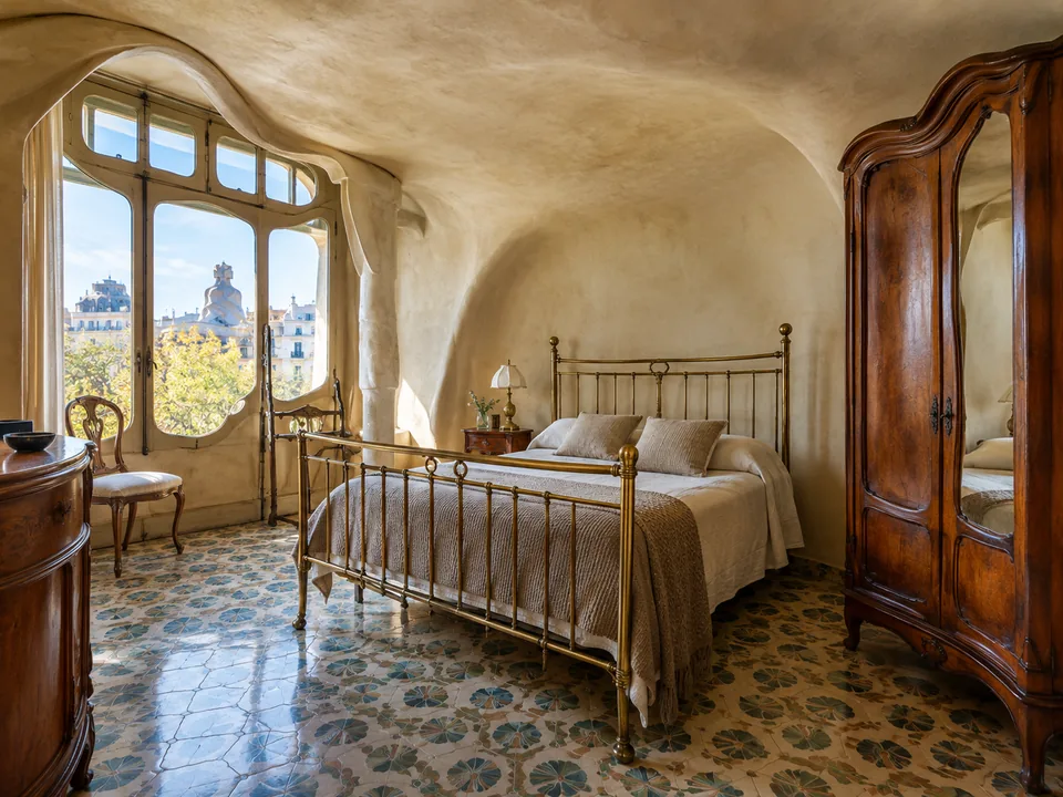 Ein Schlafzimmer mit gekrümmten Wänden, einem Messingbett, einem Holzschrank und einem gemusterten Fliesenboden